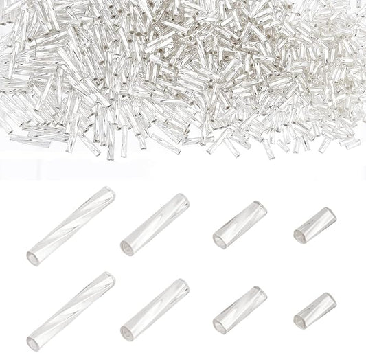 PH PandaHall 1600Pcs 4 Sizes Glass Bugle Beads, Silver Long Tube Seed Bead 5/6/9/12x2mm Loose Spacer Bead with 0.5mm Round Hole for Earring Bracelet Neckalce Jewelry DIY Craft Making Dress Decor