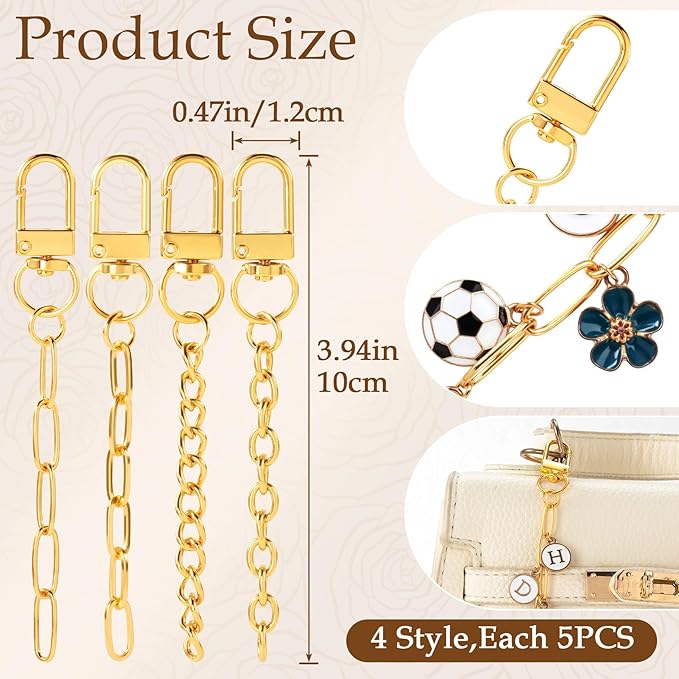 20pcs Gold Keychain Making Kit, Key Ring Swivel Snap Hook Chains, Extender Keychain Bag Charm Kits for DIY Crafts Jewelry Making Handbag Purses- 4 Styles
