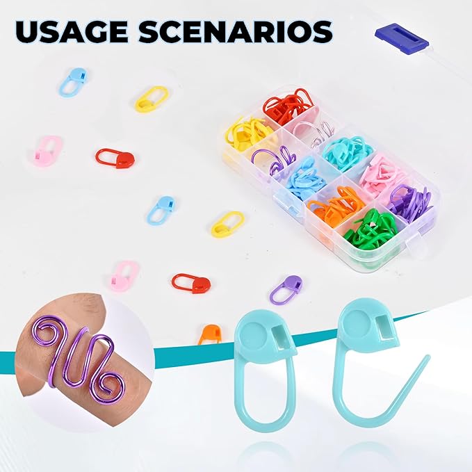 TESEAS 2Pcs Crochet Ring + 100Pcs Stitch Markers Adjustable Crochet Tension Rings for Finger Handmade Open Yarn Guide Crocheting Rings Knitting Accessories with Box,The Ideal Aid to Knitting Supplies