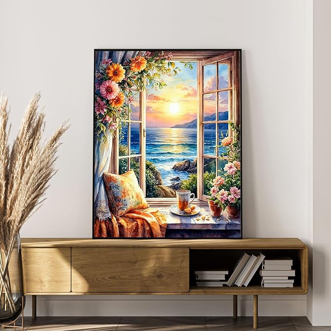 Paint by Numbers Kit for Adults Beginner Window Landscape, Adult Paint by Number Kits on Canvas, Seascape DIY Acrylic Oil Painting by Numbers for Adults, Perfect for Home Wall Decor 16X20 Inch
