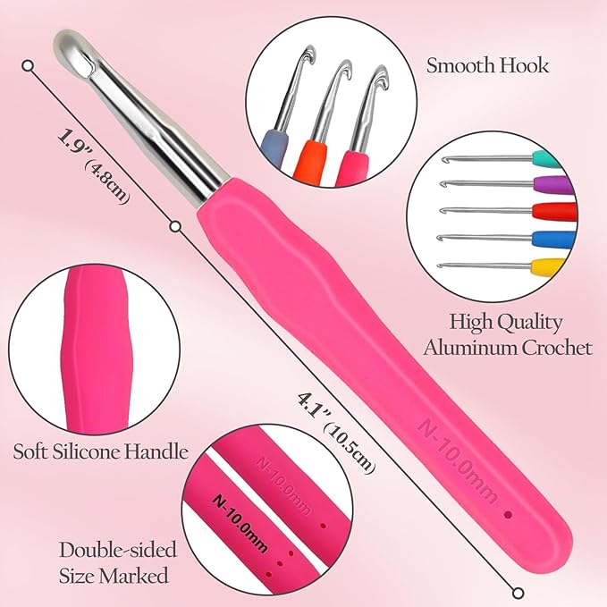 blingcute 50-piece ergonomic crochet kit (0.6mm-8.0mm), pain-free hooks for arthritis hands, portable aluminum needles set with pink travel organizer, best gift for beginners & lace projects