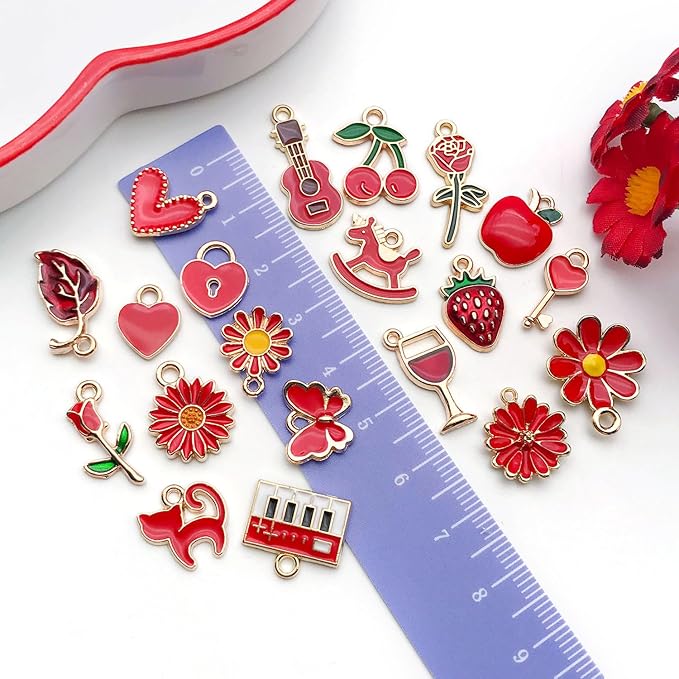WOCRAFT 40pcs 20 pairs Assorted Enamel Bracelet Charms for Jewelry Making DIY Necklace Bracelet Earrings Keychain Crafting Charms Kit Crafts (Red-SN996)