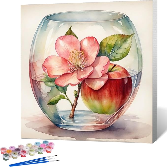 Okarina Framed Paint by Numbers Kit for Adults Beginner Flower, Adult Paint by Number Kits on Canvas Framed, DIY Acrylic Oil Painting by Numbers with Frame, Apple for Home Decor Gift 10 X 10 Inch