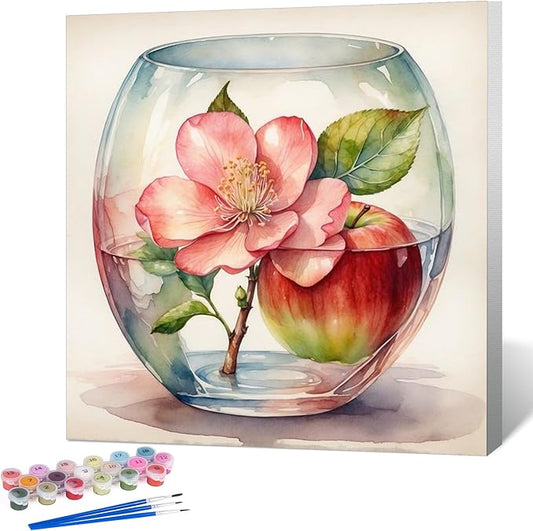 Okarina Framed Paint by Numbers Kit for Adults Beginner Flower, Adult Paint by Number Kits on Canvas Framed, DIY Acrylic Oil Painting by Numbers with Frame, Apple for Home Decor Gift 10 X 10 Inch
