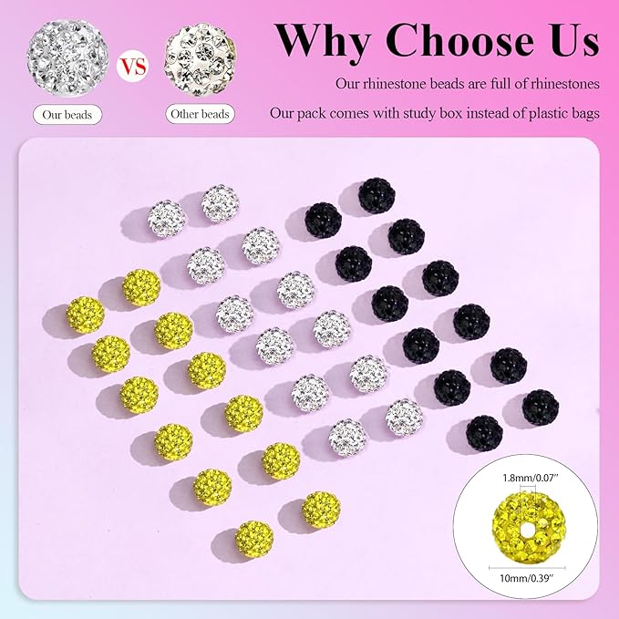 Dowarm 255PCS 10mm Rhinestone Beads for Baseball Rhinestone Necklace Bracelet Jewelry Making, Round Polymer Clay Beads for Crafts Beaded Pen, Shamballa Pave Disco Diamond Bead, Yellow|Black|White