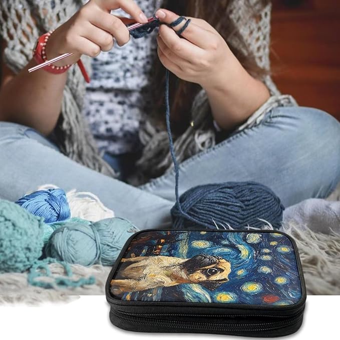 Hechitok Starry Night Bulldog Knitting Needles Case Empty Zipper Bags Organizer Portable Travel Crochet Hook Storage Bag with Web Pocket for Carrying Various Crochet Needles