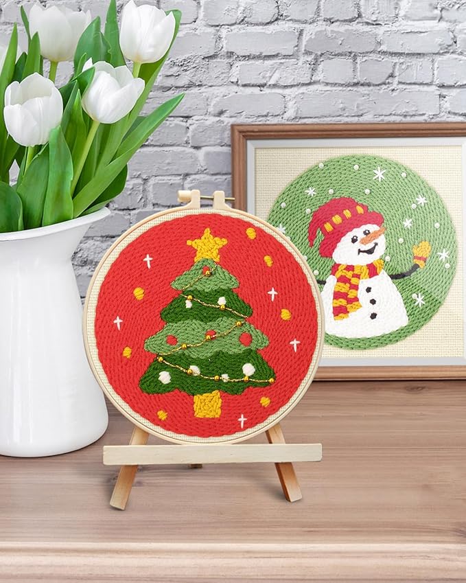 ERKOON Christmas Punch Needle Kit Adults Beginners, 2 Pcs DIY Easy Embroidery Set for Starter Art Craft, Needling Punch Project with Patterns, Tools, Yarns, Hoop, Instruction (ChristmasTree & Snowman)