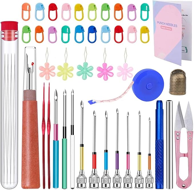 Punch Needle, 43 Pieces Punch Needle Tool and Instructions - Punch Needle Embroidery Kit with Embroidery Tools, Seam Ripper, Threader and Thimble, Needle Punch Kits for Beginners