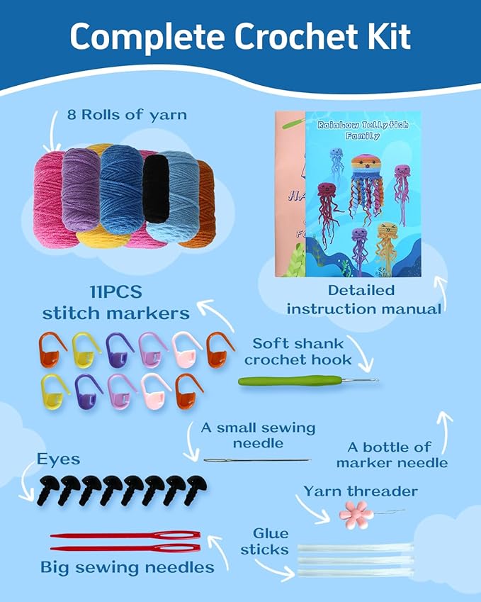 Fortilo Crochet Kit for Beginners 6PCS Crochet Animals Jellyfish Family with Step-by-Step Video Tutorials 30% Extra Yarn, Perfect for Gifts, Emotional Support, Ideal Knitting Kit for Adults, Kids