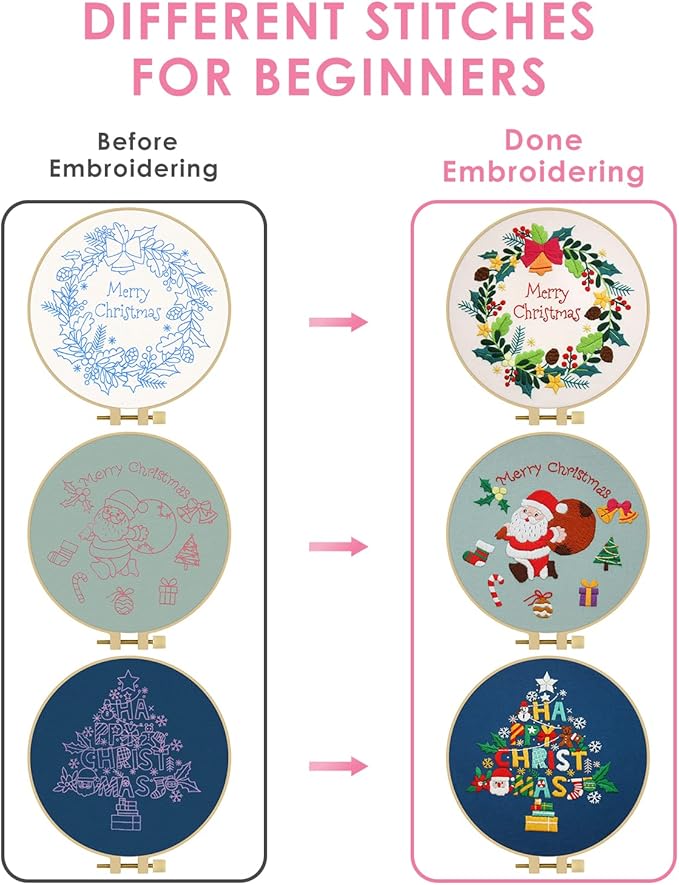 TINDTOP Christmas Embroidery Kit for Adult, 3 Sets Embroidery Stitch Practice kit Include Embroidery Cloth Hoops Threads for Craft Lover Hand Stitch