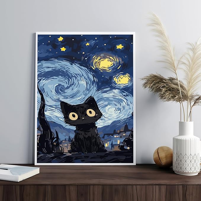 Mosaflare Paint by Numbers for Adults Beginner, Black Cat Adult Paint by Number Kits on Canvas, DIY Starry Night Acrylic Oil Easy Painting by Numbers for Home Wall Decor 16X20 inch (Without Frame)