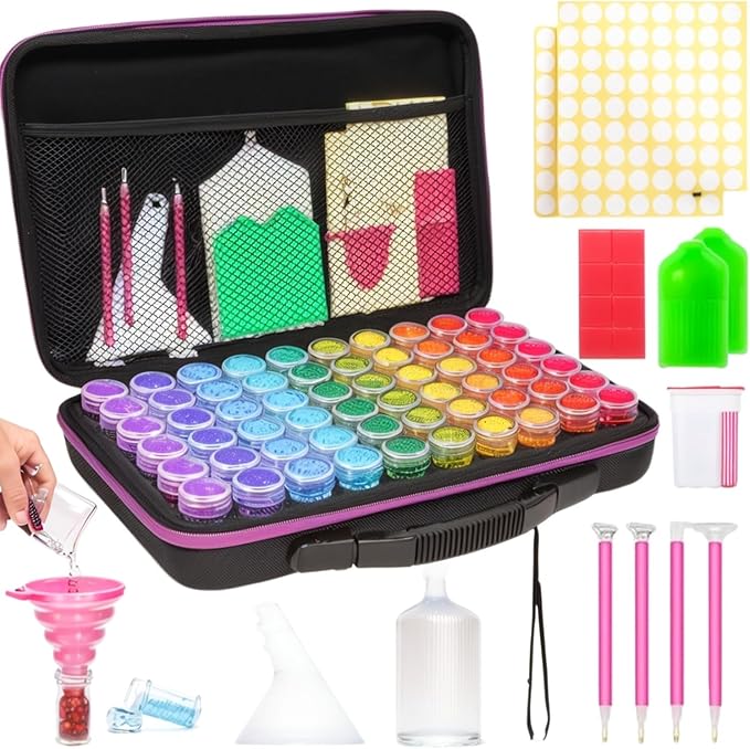 MERATIA 60 Slots Diamond Painting Storage Container, Diamond Art Kits for Adults Stackable Bead Organizer with Carrying Handle, Craft Storage Box with Accessories (Purple-60 Slots)