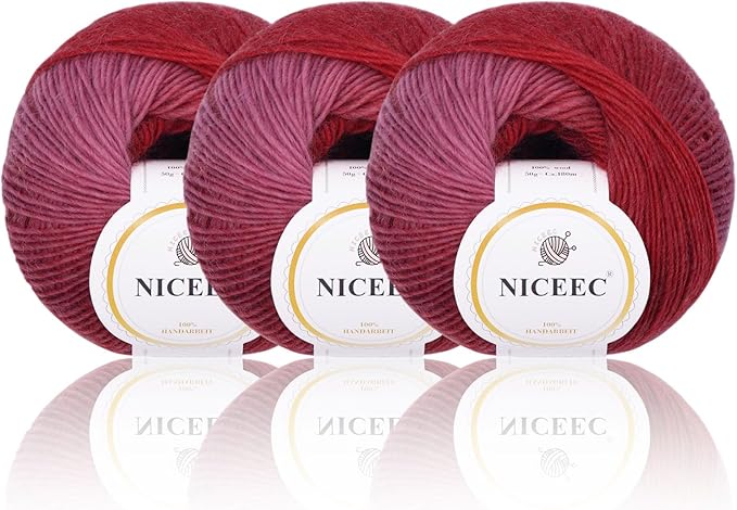 NICEEC 3 Skeins 100% Rainbow Wool Yarn Soft Gradient, Self-Striping, Colorful Single Ply Yarn for Crochet & Knitting (Total 196yds×3/1.76oz×3) - 28#
