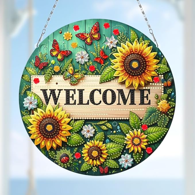 POETRYDRAW DIY Hanging Diamond Art Pendant Kit Welcome Sunflower, Special Crystal Diamonds Painting Ornament for Adults, 5D Diamond Art Suncatchers Double Sided Board Gem Painting Box Kit