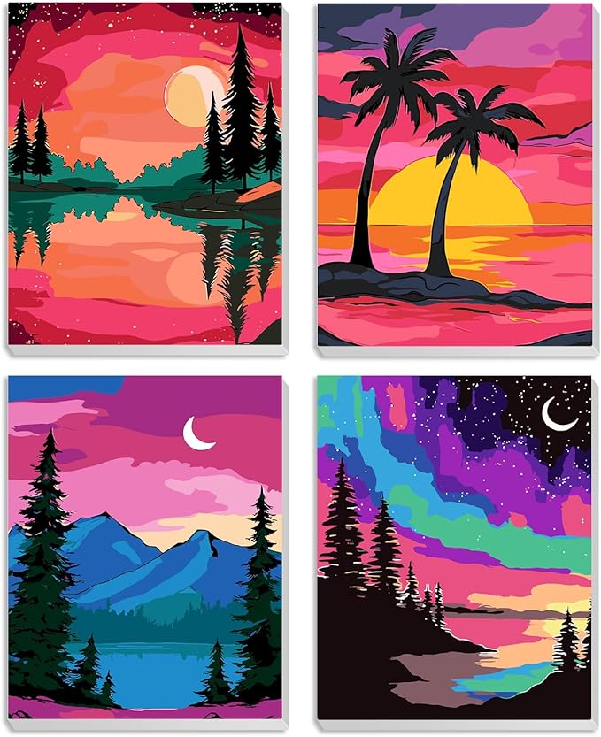 MXJSUA 4 Pack Moonlight Mountain Lake Framed Paint by Numbers Kit with Canvas for Adults Beginner, DIY Acrylic Oil Painting Kits with Brushes for Home Wall Decor Gift (8x10 inch)