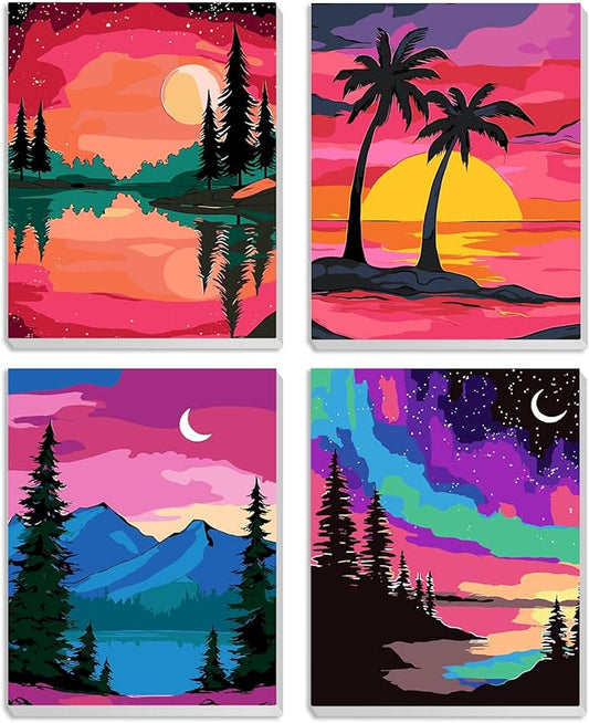 MXJSUA 4 Pack Moonlight Mountain Lake Framed Paint by Numbers Kit with Canvas for Adults Beginner, DIY Acrylic Oil Painting Kits with Brushes for Home Wall Decor Gift (8x10 inch)