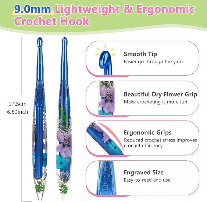 Katech 9mm Crochet Hooks with Floral Pattern-Elegant &Unique Crochet Needles-Longer Smooth Glide Crocheting Hook for Arthritic Hands, Beginners & Professional Ideal Crochet Gift(M)