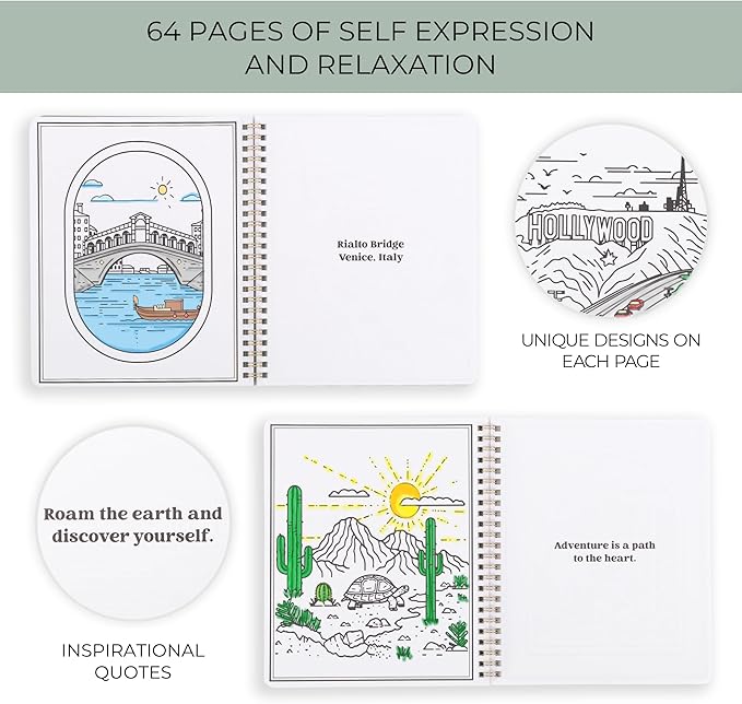 Beautiful Adult Coloring Book Set of 2 for Relaxation - Inspirational Adventures and Landmarks Scenery for the Spirit of Wanderlust - Perfect Stress-Relieving Gift for Women (Journeys & Cities, 2)