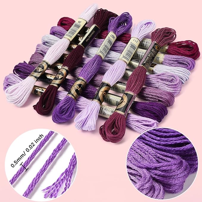 12 Skeins 105 Yards Gradient Purple Polyester Embroidery Floss Cross Stitch Threads Colorful Friendship Bracelets Craft Needlepoint Yarn for Sewing Making DIY Birthday Wedding Stitching
