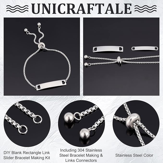 UNICRAFTALE 6Sets Engravable Bracelets DIY Kit Including Rectangle Engravable Blank Tags Links Connectors 24cm Stainless Steel Adjustable Slider Bracelet 4mm Jump Rings for Bracelets Making