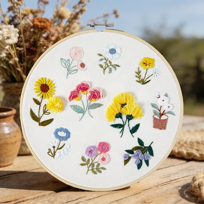 Embroidery Kit for Beginners Adults, Cute Flowers Embroidery Starter Kits, Floral Stamped Cross Stitch Kits for Beginner Adults Craft Kits for Women, Entire Set of Embroidery Supplies & Video Tutorial