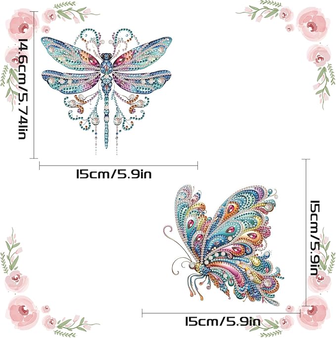 2 Pack Dreamy Dragonfly and Butterfly Diamond Art Pendants Ornaments – 5D Diamond Painting Hanging Decorations with Rhinestones – Acrylic Art Charms for Home, Car, or Gift