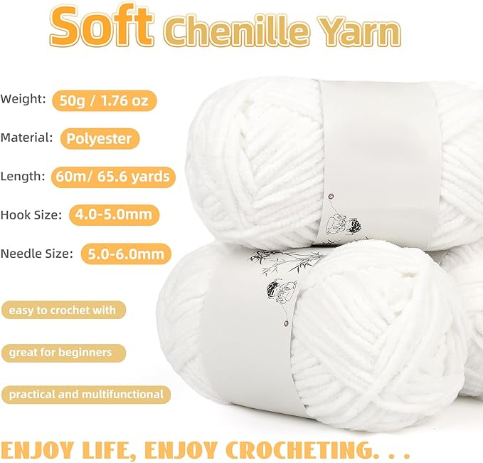 Aeelike Blanket Crochet Kit for Beginners, Easy Crochet Blanket Kit with Soft Chenille Yarns Detailed Instruction Crocheting Accessories Complete Beginners Crocheting Kits, Pure White