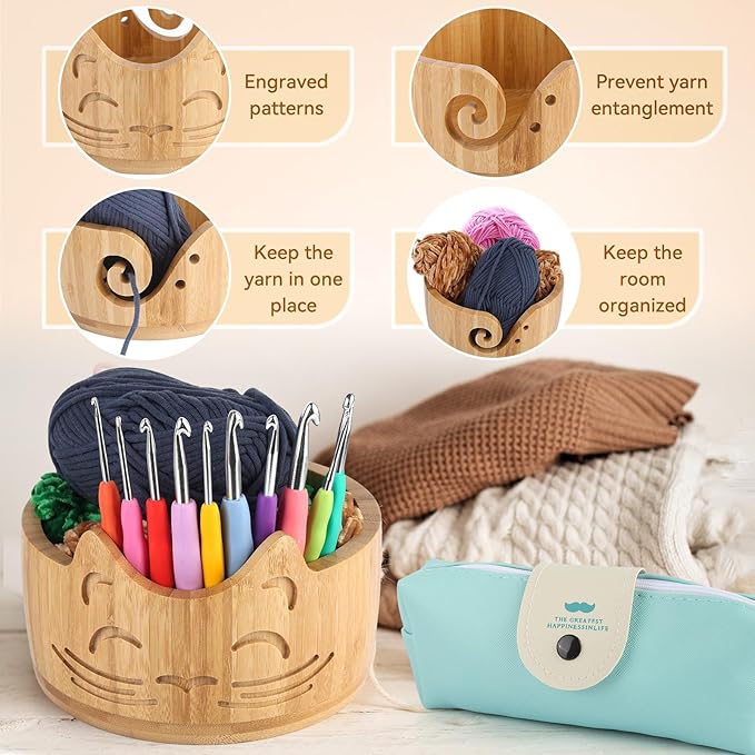 XIEJ Cat Yarn Bowl Set, 7 X 4inch Wooden Yarn Bowls for Crocheting, Knitting Bowl, Yarn Storage Bowls, Crochet Yarn Holder with Crochet Hooks Knitting Tools for Crocheters Knitters Craft