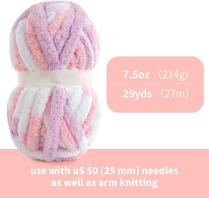 HOMBYS Chunky Tie Dye Mix Chenille Yarn for Hand Knitting, Super Bulky Jumbo Yarn for Crocheting, 3/4" Thick Soft Plush Yarn for Blankets, 8 Skein Pack (26 yds / 7.5 oz Each) Pink Purple