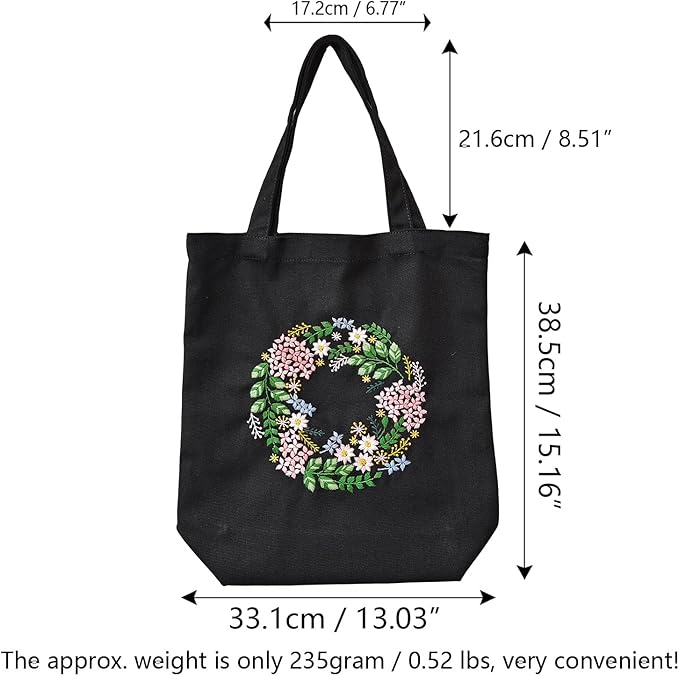 CREAWONDER Canvas Tote Bag Embroidery Kit with Pattern for Beginners, Arts and DIY Embroidery Crafts Kits for Adults, Include Instructions, Thimble, Embroidery Hoops, Color Threads and Tool