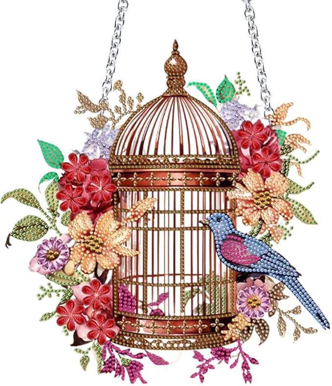 Flower Birdcage Design DIY Diamond Art Painting Wreath Kits Special Shaped Rhinestone Diamond Art Window Pendants Home Garden Wall Hanging Kits (Single Side Point Drill) (#11-Cat) (#03-Bird)