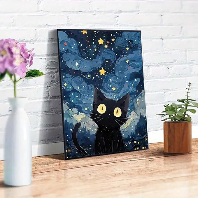 GEMFAMILY Black Cat Diamond Painting Kits for Adults, 5D Full Drill Diamond Art Kits for Beginner, DIY Paint with Diamonds Gem Art for Home Wall Decor 12 X 16inch