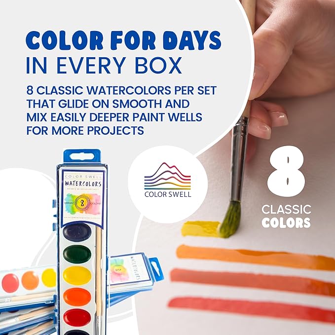 color swell bulk 8 color watercolors with wood brushes - 4 packs