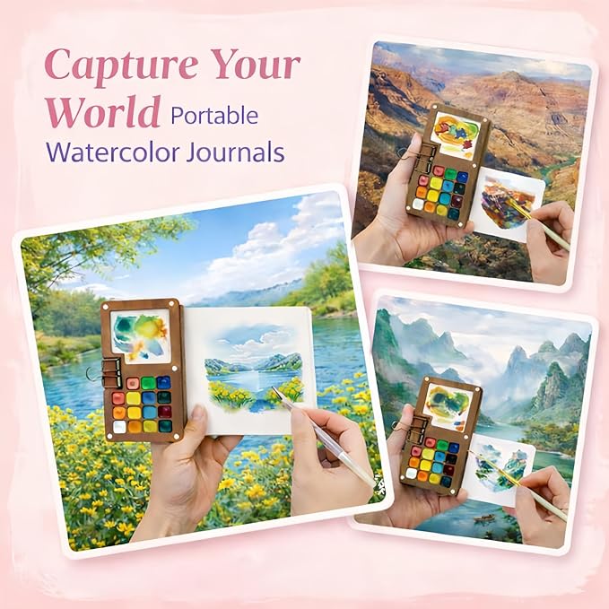 fsdyknej Mini Watercolor Travel Paint Set, Walnut Wood 15-Color Compact Travel Art Kit, with Paint Brushes, Water Brush, Watercolor Cards, Unique Creative Gift for Birthdays, Holidays & Art Lovers