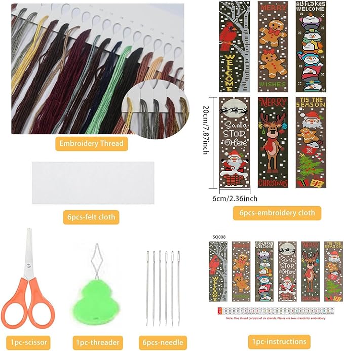 NEGEKFKX 6 Pcs Christmas Cross Stitch Bookmark Kit for Adult Beginners,Cross Stitch Kits 14 CT DIY Crossstitch Kits Adult Stamped Bookmark Embroidery Bookmarks Kit