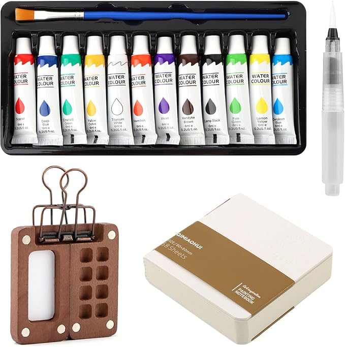 Mini Watercolor Palette Paint Set - 12 Colors with 8-Wooden Grid, Mini Sketchbook & Brush | Portable Artist Kit for Travel, Students, Beginners & Professionals