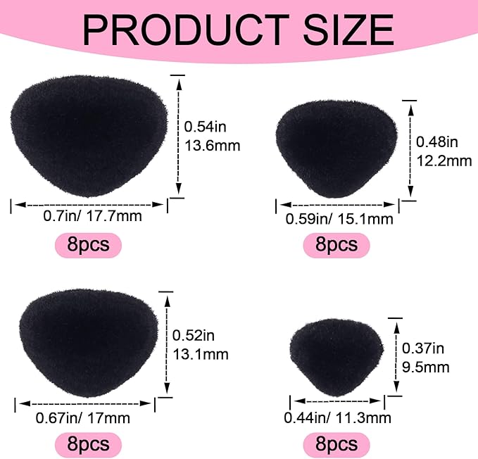 CustomyLife 32pcs Safety Noses for Amigurumi, 11/15/17/18mm Plastic Doll Noses for Crochet, Flocking Teddy Bear Noses Stuffed with Washers for Craft Puppet Plush Toy Accessories- Black
