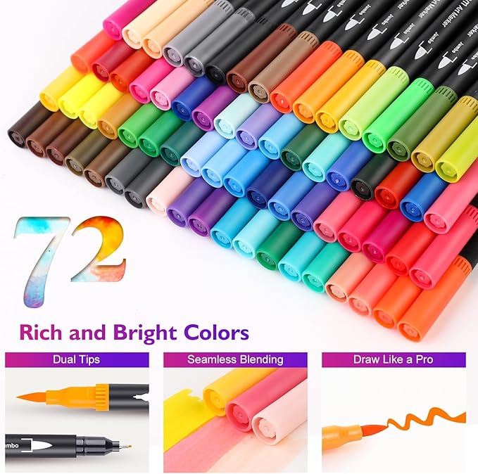 iBayam Art Markers Set, 72 Colors Dual Tip Brush Pens for Adult Coloring Book, Note-Taking, Calligraphy, Journaling, Sketching and Lettering, with Gift Case for Adult Office Art Supplies