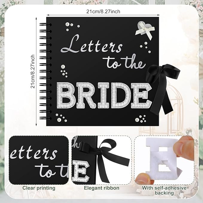 Fuyoooo 8 x 8 Inch Letters to The Bride Scrapbook Wedding Memory Book Bridal DIY Blank Paper Scrapbook Photo Album Guest Book Sign with Pearl Stickers, Metallic Letters, Bows(Black)