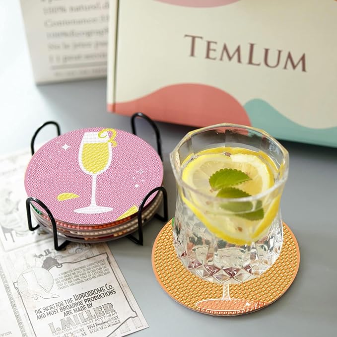 8Pcs Diamond Painting Coasters with Holder,DIY Cocktail Life Coaster Diamond Art Kits for Adults,Beginners Round Full Drill Diamond Art Craft Supplies
