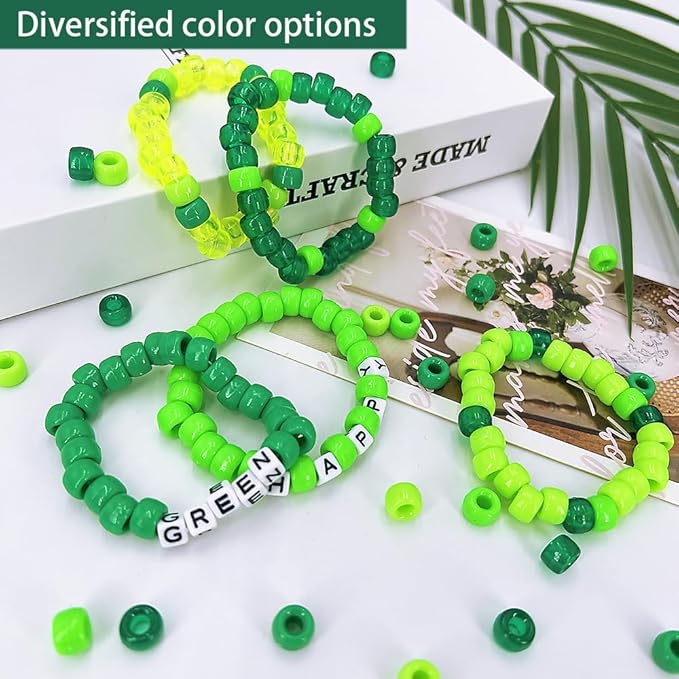 MIIIM 1300 Pcs Pony Beads Kit for Friendship Bracelet, 6 Styles Kandi Bracelet Kit in Box with Individual Compartments, Hair Beads for Braids, Letters (Green Shades)