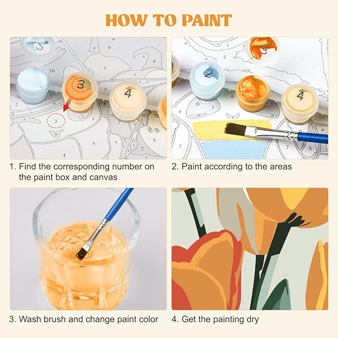 MXJSUA 4 Pack Tulips Green Plant Framed Paint by Numbers Kit with Canvas for Adults Beginner, DIY Acrylic Oil Painting Kits with Brushes for Home Wall Decor Gift (8x8 inch)