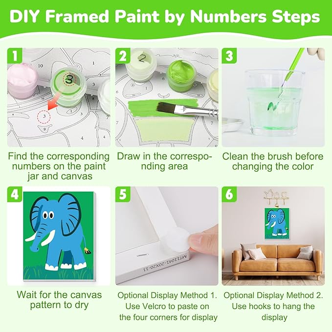 KEYIFA 4 Pack Framed Paint by Numbers Kit for Kids Age 6-12, Easy Animal Paintings for Adult Beginner, Framed Acrylic Canvas Painting for Home Decor Children Gift, 8x10 in (Panda+Elephant+Moose+Hippo)