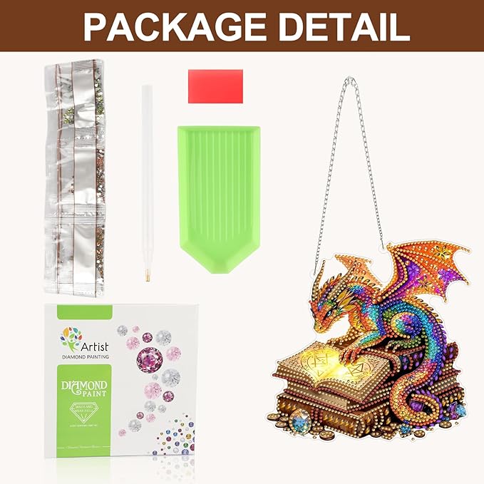 CEOVR Dragon Hanging Diamond Art for Adults, Dragon Book Diamond Painting Pendant DIY Gem Art Wall Hanging Ornament, Acrylic Home Garden Decor with Chain, Box Kit 7.87×7.63inch