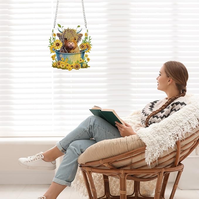 AiYuanzsh Diamond Painting Ornament 5D DIY Diamond Art Animal Cow and Sunflower Creative Design Handmade Acrylic Pendant Mosaic Making Kits by Number Kits Home Decoration Pendant