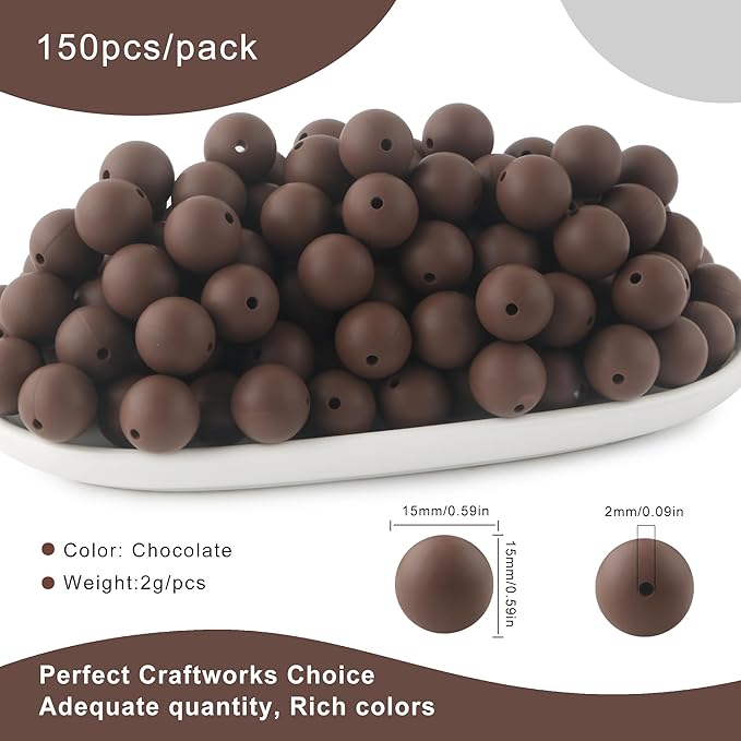 150 Pcs Silicone Beads, 15mm Round, Chocolate, for Keychain, Bracelet, Necklace Making and Pens