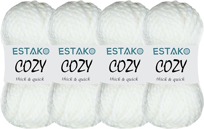 Estako Cozy Thick & Quick Yarn (4 Skeins Pack) 20% Wool 80% Acrylic Soft Super Bulky Weight #6 Knitting and Crocheting Yarn (4 x 3.52 Oz) / (4 x 65 Yrds) (50187-White)