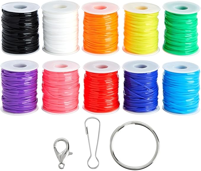 Bright Creations Plastic Lanyard String Kit - Boondoggle String & Gimp Cord - Keychain & Bracelet Making Kit - 10 Spools, 40 Yd Each, 10 Colors, Twisted
