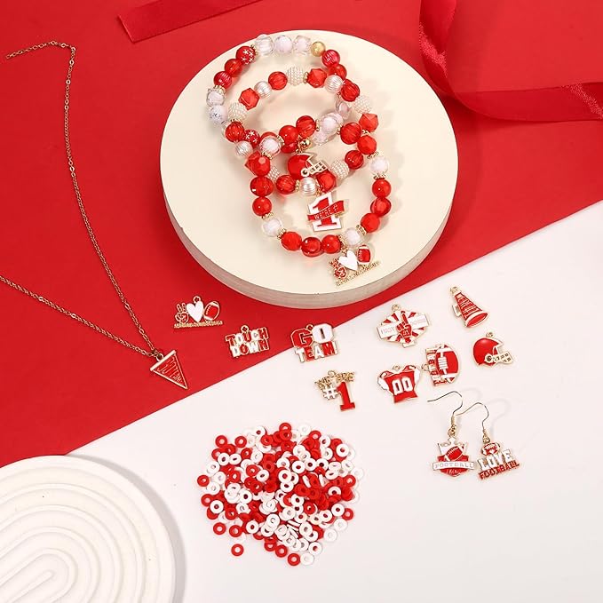 NVENF 3000PCS+ Game Day Beads Charms for Bracelets Necklace Making Clay Beads Football Charms for Game Day Bracelets Necklace Making DIY Crafts (Red White)