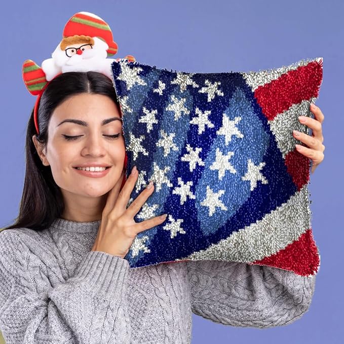 DL-YTG Latch Hook Kits Pillow National Flag Crochet Yarn Cushion Colour Printed Canvas Rug Needlework DIY Pillowcase Hook and Latch Kit Arts Crafts Christmas Home Sofa Decoration 42x42cm/16X16in